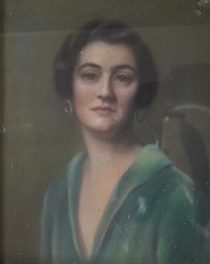 Eva Sawyer, pastel, Portrait of Mrs Oliver Hoare, unsigned, inscribed verso, 23 x 18cm, gilt frame. Condition - fair, would benefit from a clean